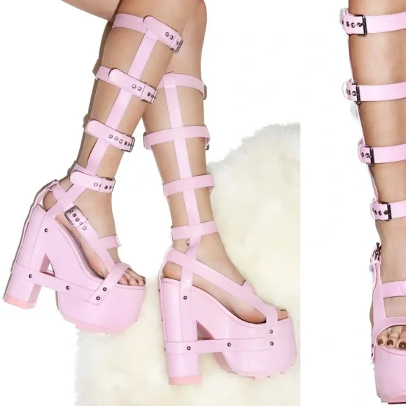 Y.r.u Baby Nightcall Hi Platform Heels pink buckled straps bondage y2k dollskill - Picture 4 of 4